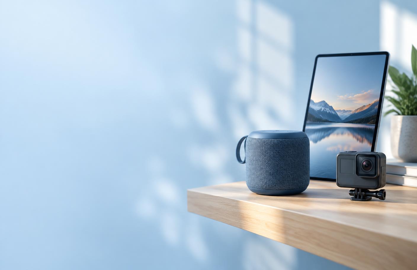 Caixa de som Bluetooth, tablet e câmera de ação em uma prateleira clara