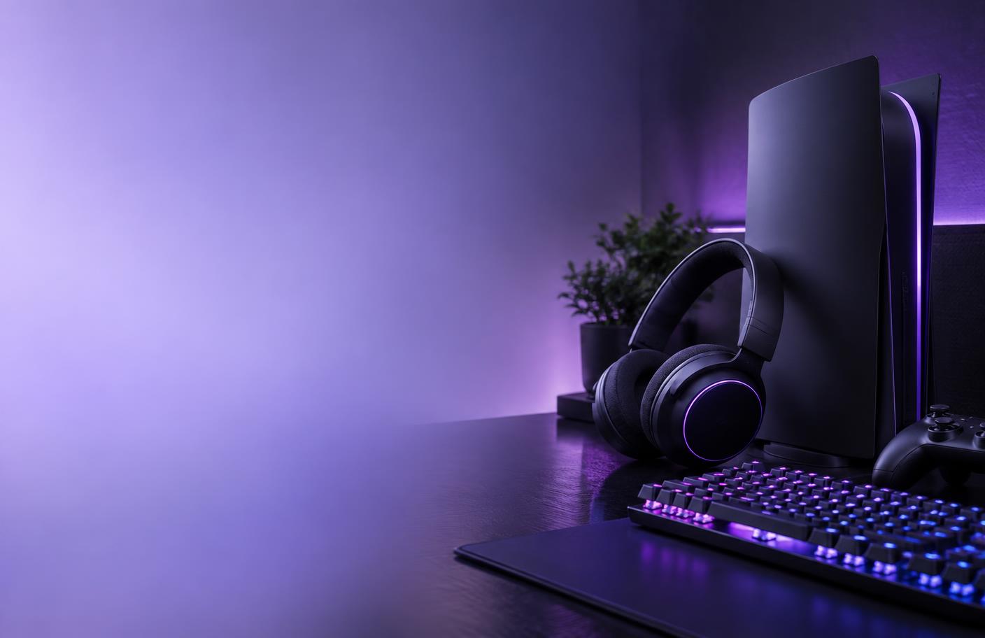 Console, headset gamer e teclado mecânico em uma mesa com iluminação violeta